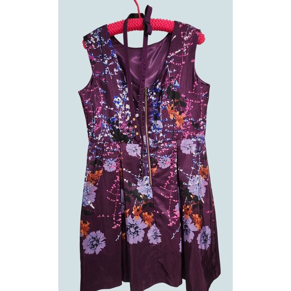Gorgeous Julian Taylor Sz 14 Belted Dress Purple Floral Pleated Bottom Knee Leng - Picture 8 of 14